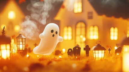 A whimsical ghost hovers over a graveyard scene, surrounded by lanterns and tombstones, set against a cozy, orange-hued backdrop.