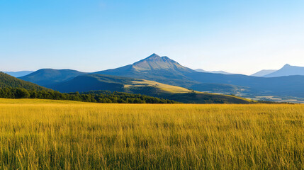 Fototapeta premium Majestic Mountain Vista, breathtaking peaks rise against a clear blue sky, inviting exploration and adventure, vast open space for imagination and inspiration.