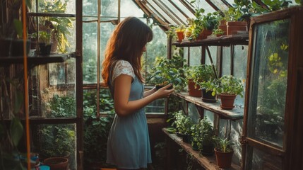 A girl tending to her plants in a sunny greenhouse during spring