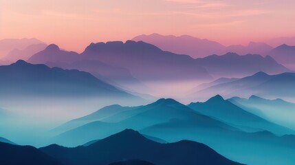 Obraz premium Enigmatic Dawn Over Shrouded Peaks, thick smog enveloping majestic mountains at sunrise, an ethereal and surreal landscape where nature's beauty meets mystery