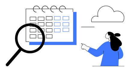 Woman pointing at calendar with magnifying glass and cloud. Ideal for scheduling, planning, time management, organization, productivity. Clean simple vector style