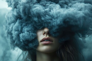 Fototapeta premium Woman standing with eyes covered by smoke cloud