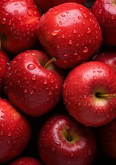 Fresh red apples with droplets of water resting on a dark background showcasing their natural shine and freshness