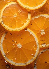 Freshly sliced oranges with water droplets shining under bright light in a vibrant arrangement on a clear background