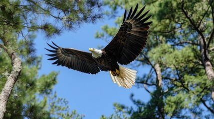 Bald eagle soaring above the treetops, its wings spread wide as it glides effortlessly through the sky.