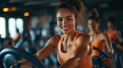 Fototapeta premium A cheerful young woman works out in a modern gym, showcasing her enthusiasm for fitness. The space is vibrant and filled with energy, reflecting a positive workout atmosphere.