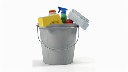 Bucket Filled with Cleaning Supplies on White Background for Home Improvement and Cleaning Services