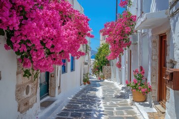 Obraz premium Picturesque narrow street covered in flowers in a greek island