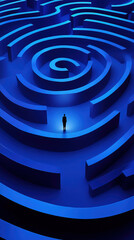 A blue maze with a person standing at the entrance at night, dreamy illustration