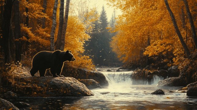 Black bear standing near a flowing stream, surrounded by autumn trees, ready to catch fish from the river in the wilderness.
