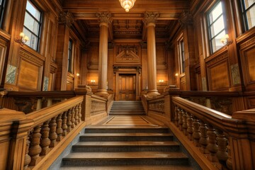 Obraz premium Empty grand staircase with wooden banisters leads to a large wooden door at the top of the stairs in a historic courthouse