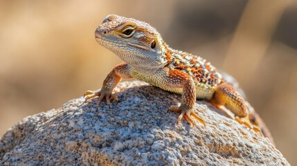Fototapeta premium Close-up of a lizard sunbathing on a rock in the desert.