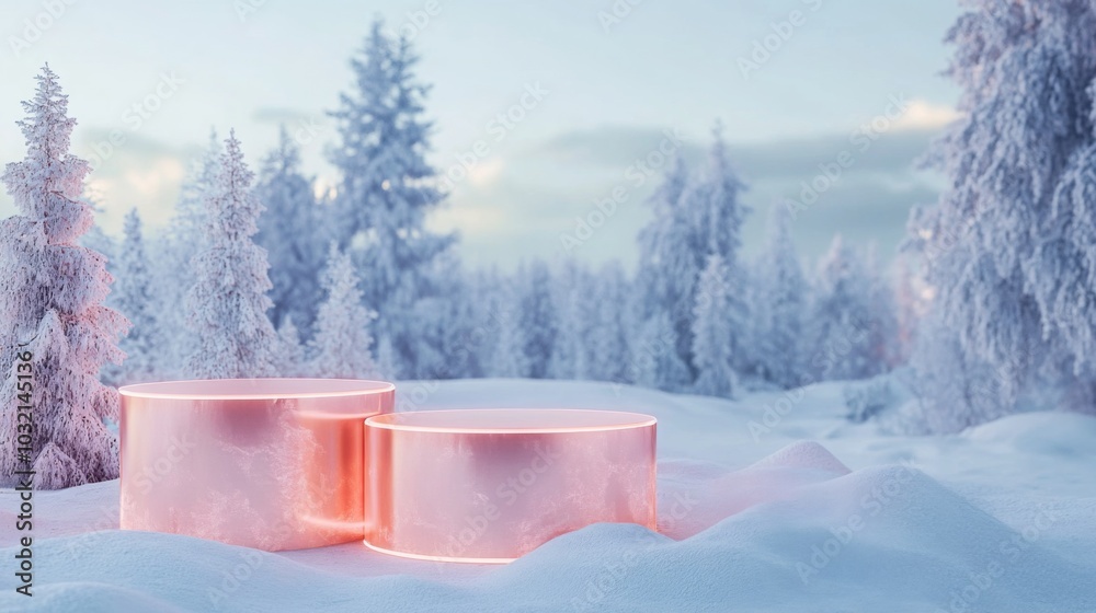 Aufkleber in a tranquil winter setting, two glowing copper cylinders rest on a snow-covered ground, surrounded