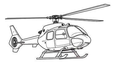 Transport-themed art: Coloring picture of a helicopter in flight, showcasing its powerful rotor and sleek profile.