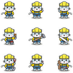Cute Cat mascot works in construction. Cute Cat builder cartoon. Animal builders.