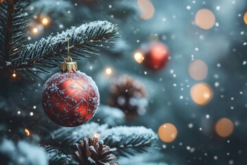 Red christmas ornament hanging on snowy pine tree branch with sparkling lights