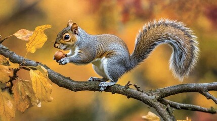 Obraz premium Gray squirrel balancing on a tree branch, nibbling on an acorn with the autumn leaves in the background.