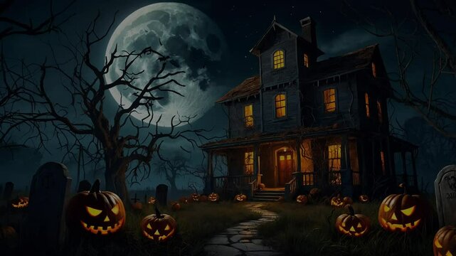 A haunted house with Halloween pumpkins against the backdrop of a full moon and lightning striking effects. Perfect for a halloween background