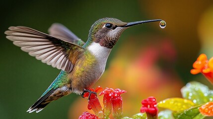 Fototapeta premium A hummingbird perched on vibrant flowers with a droplet of water hanging from its beak.