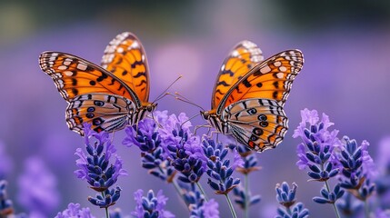 Obraz premium Two vibrant butterflies perched on lavender flowers in a serene garden setting.