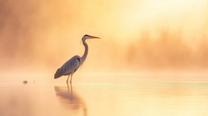 Naklejka premium Great blue heron standing in a shallow lake at sunrise, patiently waiting to catch its next meal in the calm water.