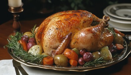 Perfectly roasted chicken surrounded by colorful vegetables on a festive dining table
