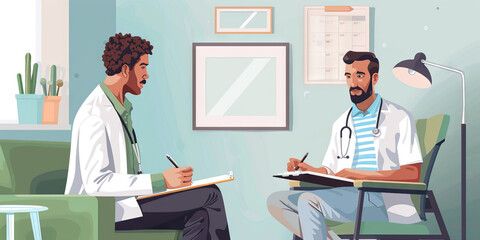 A psychiatrist examining a patient, taking notes on a clipboard while surrounded by calming colors of sage green and soft blue.