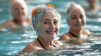 Fototapeta premium A joyful scene of pensioners enjoying a sunny day in the pool, radiating happiness and vitality, embracing relaxation and connection with friends.