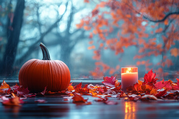 A minimalist aesthetic scene featuring a single pumpkin on a wooden table, surrounded by scattered autumn leaves and soft candlelight.
