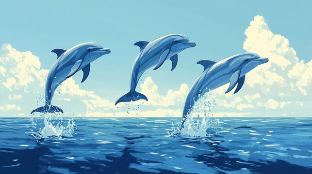 Group of playful dolphins jumping out of the water against a backdrop of the ocean horizon.