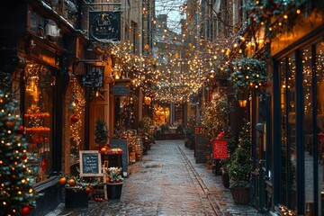 Fototapeta premium Cobblestone Alleyway Adorned with Christmas Lights and Decorations