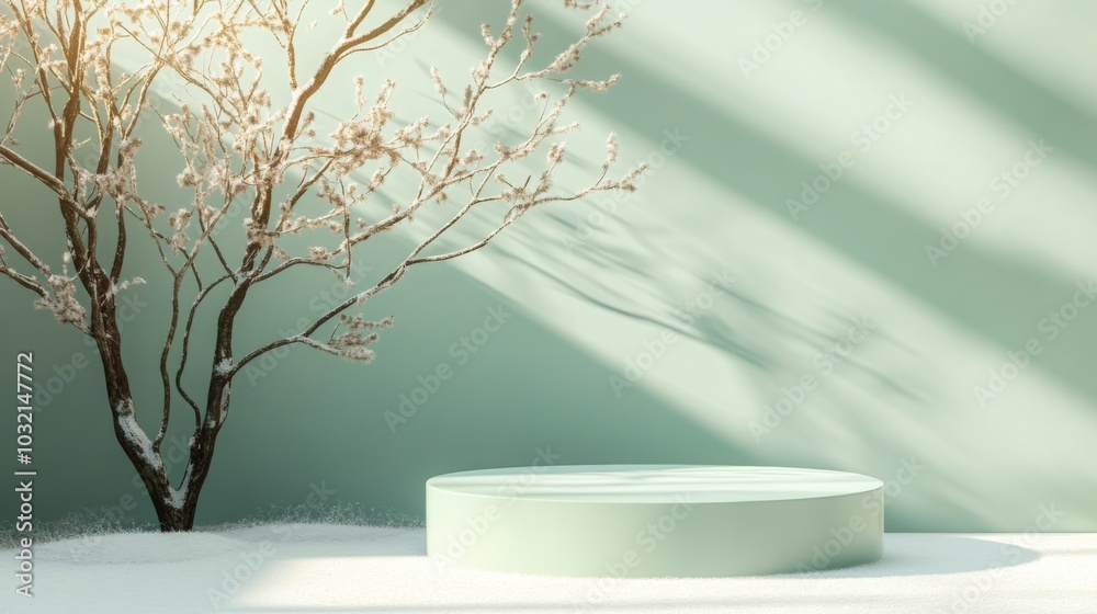 Fototapete A circular platform rests quietly next to a bare tree adorned with frost, all illuminated by gentle daylight. Soft shadows dance across the serene, snowy landscape.
