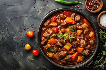 A warm and savory bowl of homemade stew with colorful vegetables and aromatic spices