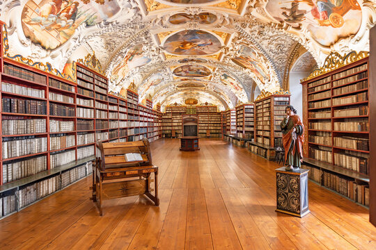 Prague, Czech Republic - May 30, 2024: Inside the library of the Strahov Monastery, one of the most valuable and best preserved ancient library libraries, with about 200,000 volumes