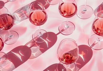 Rose wine glasses, light reflections, shadows, pink background Elegant arrangement of various wine glasses filled with rose wine, showcasing vibrant colors and playful patterns