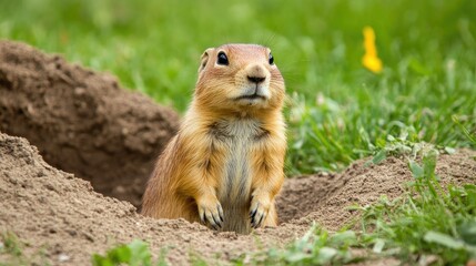 Prairie dog standing upright, keeping watch over its burrow while its family forages nearby.