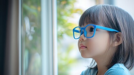 Young child wearing blue glasses focusing on distant tree outside window, symbolizing myopia prevention and importance of outdoor activities.