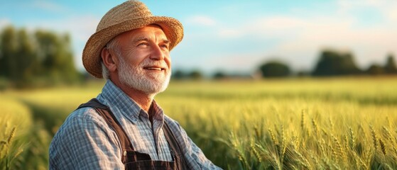 A senior farmer stands proudly in a golden wheat field, enjoying the tranquility of nature at sunset. His smile reflects the joy of rural life and hard work.