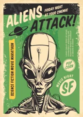 Retro cinema poster design for science fiction movie festival. Aliens attack vintage film advertisement. Alien portrait vector illustration on green background. © lukeruk