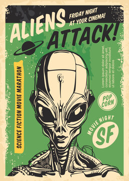 Retro cinema poster design for science fiction movie festival. Aliens attack vintage film advertisement. Alien portrait vector illustration on green background.