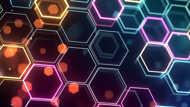 Colorful neon hexagons abstract background with glowing lights.