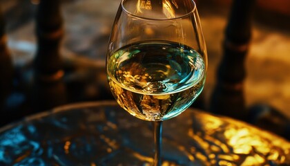 Obraz premium A refreshing glass of white wine resting on a decorative table at sunset