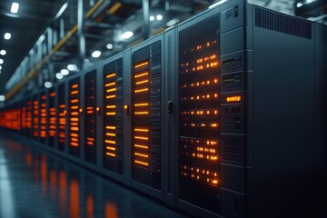 A row of servers in a data center, with orange lights glowing.