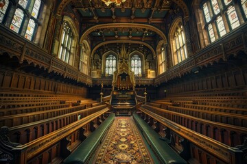Obraz premium Sunlight streaming through stained glass windows illuminates an empty church with rows of ornate wooden benches