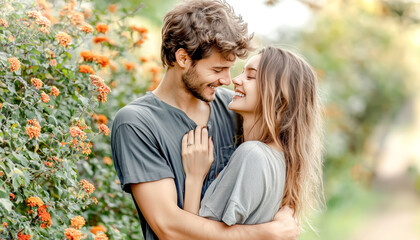Fototapeta premium Smiling and happy couple on a joyful afternoon.