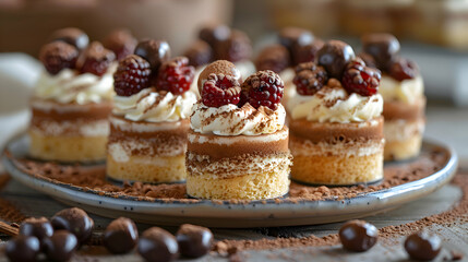 A platter of mini tiramisu desserts with various toppings
