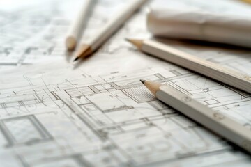 Architectural project being reviewed by an architect using blueprints and plan drawings with construction equipment