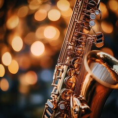 Obraz premium Golden Saxophone, Bokeh Lights, Jazz Music, Musical Instrument, Brass Instrument, Performance