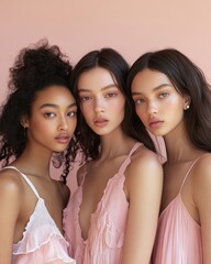 Obraz premium Captivating portrait of three women showcasing natural beauty, soft pastel colors, and a serene environment, perfect for beauty and fashion themes.