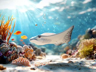 Obraz premium A graceful stingray gliding through vibrant coral reefs, illuminated by sunlight filtering underwater.